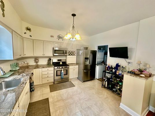 Chandelier, Interior, Kitchen, Stainless Steel Appliances