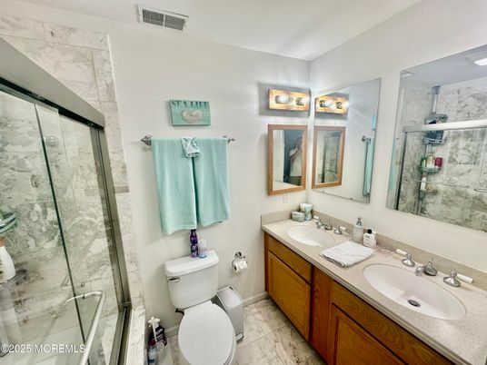 Bathroom, Dual Sink Vanities, Glass Shower, Interior, Marble, Marble Walls