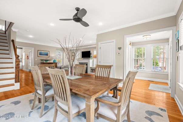 Dining room, Fireplace, Interior, Recessed Lighting, Wood Texture Flooring