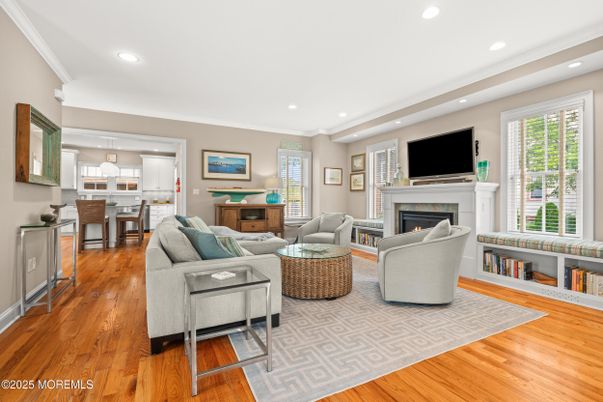 Dining room, Fireplace, Interior, Kitchen, Living room, Pendant Lights, Recessed Lighting, Wood Texture Flooring