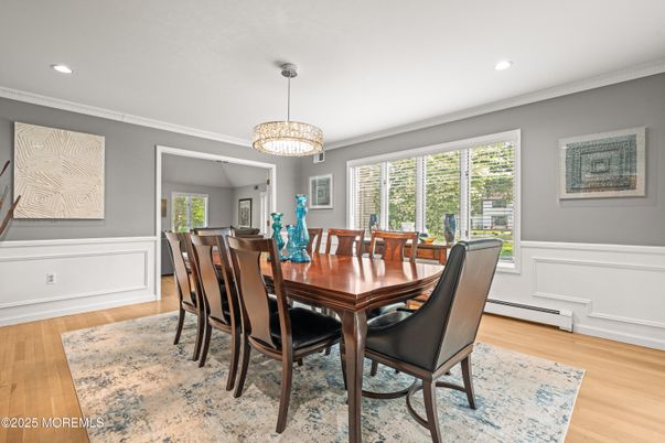 Dining room, Interior, Pendant Lights, Recessed Lighting, Wood Texture Flooring
