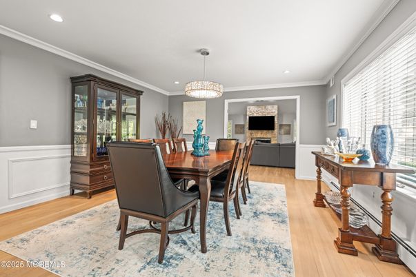 Dining room, Interior, Pendant Lights, Recessed Lighting, Wood Texture Flooring
