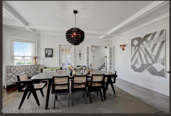 Dining room, Interior, Pendant Lights, Wood Texture Flooring