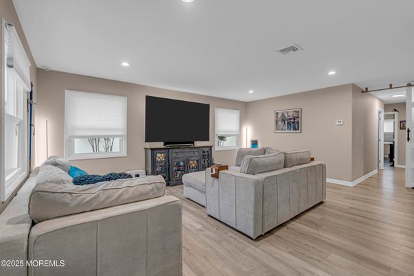 Fireplace, Interior, Living room, Recessed Lighting, Wood Texture Flooring