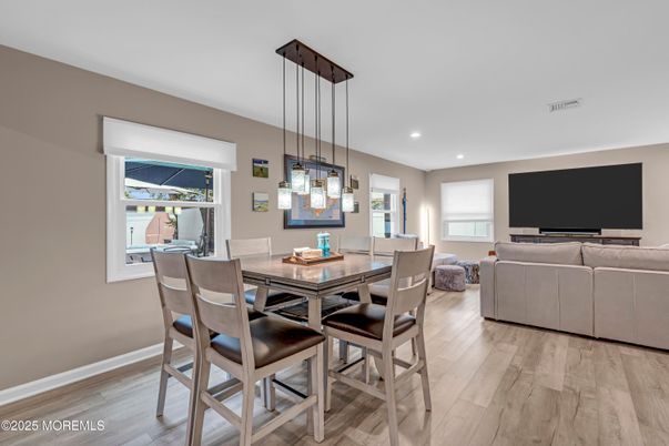 Dining room, Interior, Living room, Pendant Lights, Recessed Lighting, Wood Texture Flooring