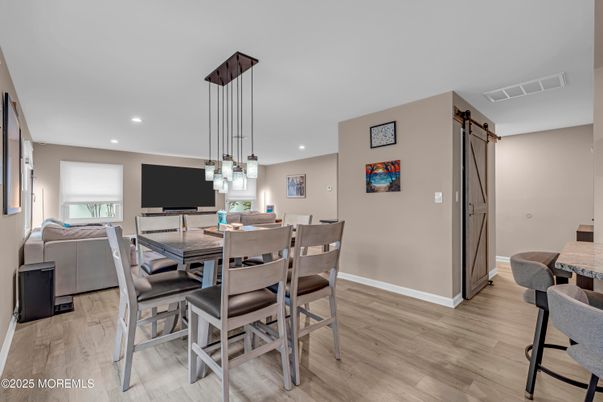 Dining room, Interior, Pendant Lights, Recessed Lighting, Wood Texture Flooring