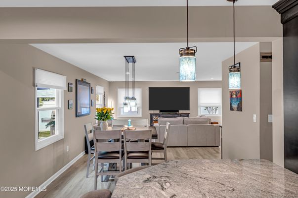 Dining room, Interior, Living room, Pendant Lights, Wood Texture Flooring