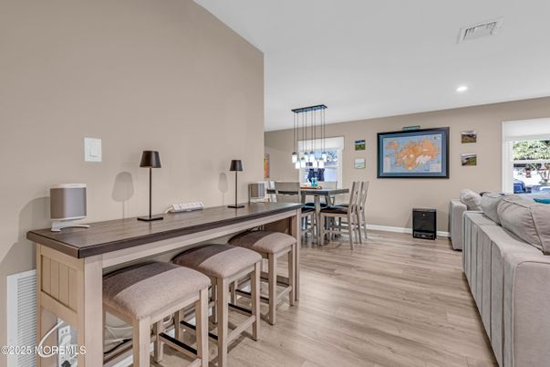 Dining room, Interior, Pendant Lights, Recessed Lighting, Wood Texture Flooring
