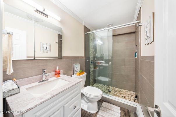 Bathroom, Glass Shower, Interior, Wood Texture Flooring