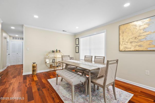 Dining room, Interior, Recessed Lighting, Wood Texture Flooring