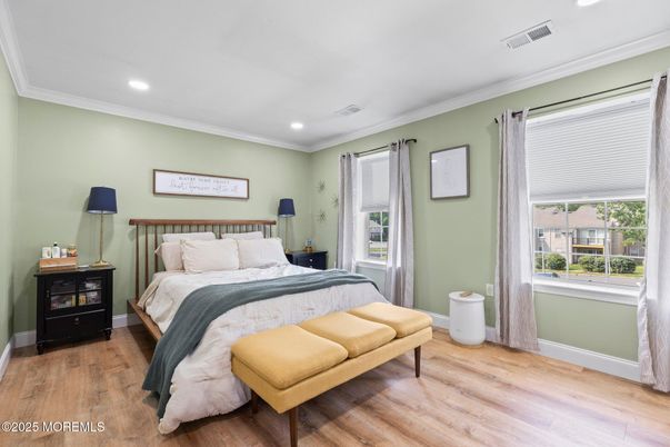 Bedroom, Interior, Recessed Lighting, Wood Texture Flooring