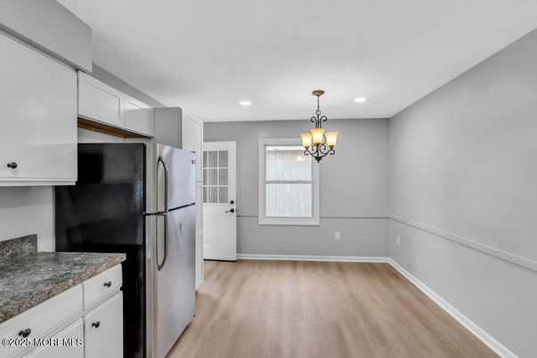 Chandelier, Interior, Kitchen, Pendant Lights, Recessed Lighting, Wood Texture Flooring