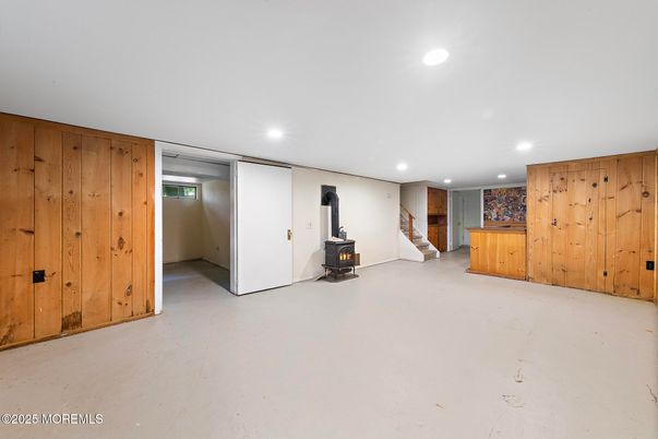 Empty room, Fireplace, Interior, Recessed Lighting, Wooden Walls
