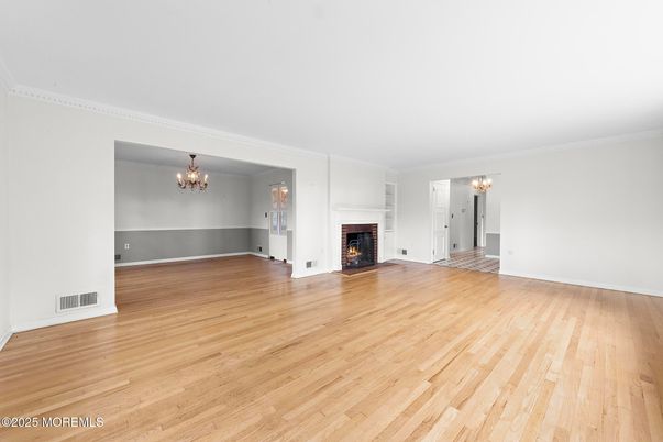 Chandelier, Empty room, Fireplace, Interior, Wood Texture Flooring