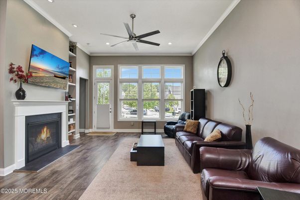 Fireplace, Interior, Living room, Recessed Lighting, Wood Texture Flooring