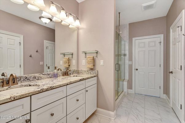 Bathroom, Dual Sink Vanities, Glass Shower, Interior, Marble
