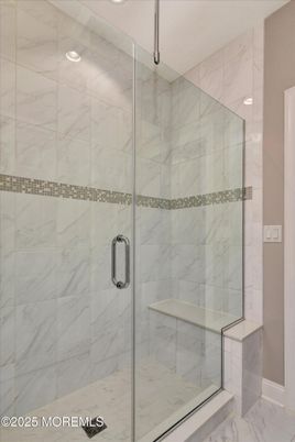 Bathroom, Glass Shower, Interior, Marble, Marble Walls, Recessed Lighting