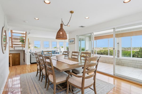 Dining room, Interior, Pendant Lights, Recessed Lighting, Wood Texture Flooring