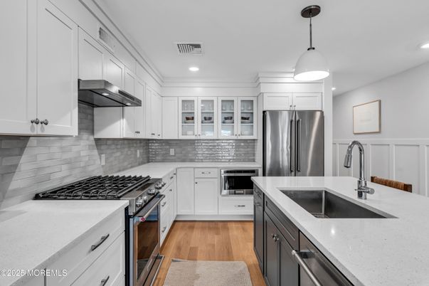 Interior, Kitchen, Pendant Lights, Recessed Lighting, Stainless Steel Appliances, Wood Texture Flooring
