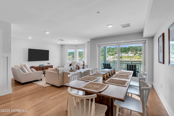 Dining room, Interior, Living room, Recessed Lighting, Wood Texture Flooring