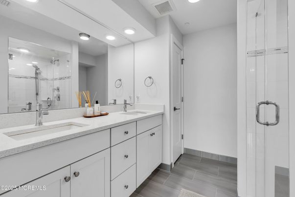 Bathroom, Dual Sink Vanities, Glass Shower, Interior, Recessed Lighting