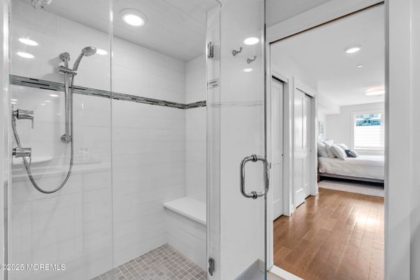 Bathroom, Bedroom, Glass Shower, Interior, Recessed Lighting, Wood Texture Flooring