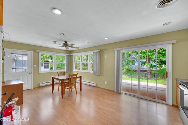 Dining room, Interior, Recessed Lighting, Wood Texture Flooring