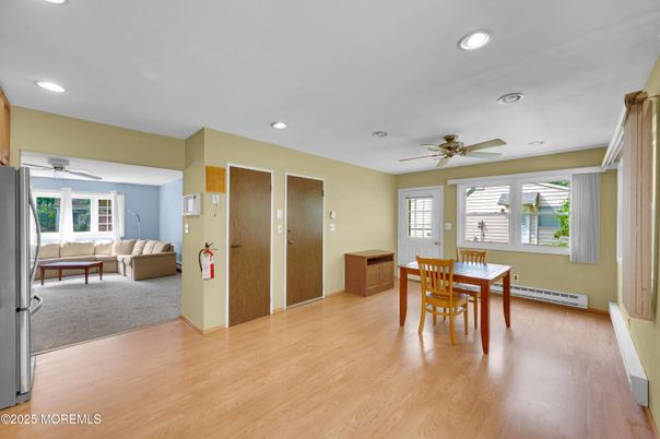 Dining room, Interior, Living room, Recessed Lighting, Wood Texture Flooring