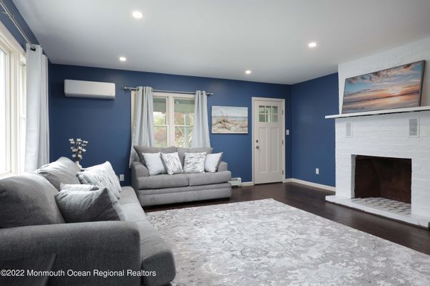 Fireplace, Interior, Living room, Recessed Lighting, Wood Texture Flooring
