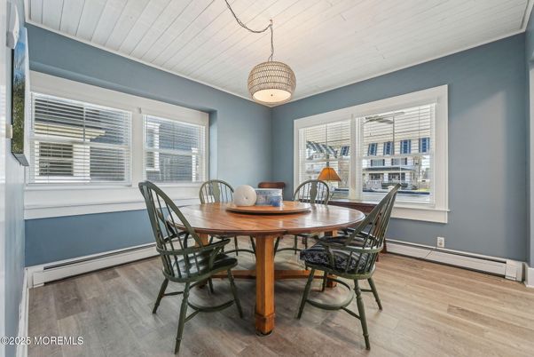 Dining room, Interior, Pendant Lights, Wood Texture Flooring