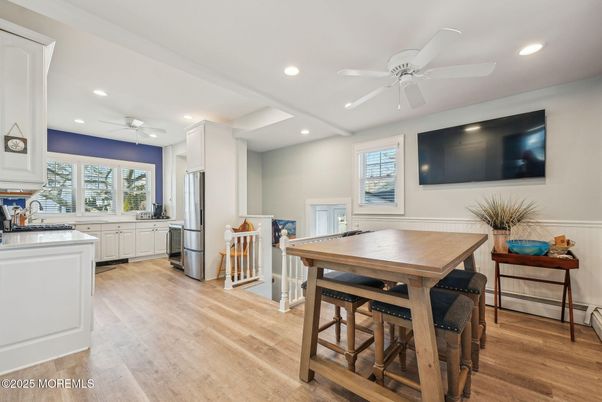 Dining room, Interior, Kitchen, Recessed Lighting, Wood Texture Flooring