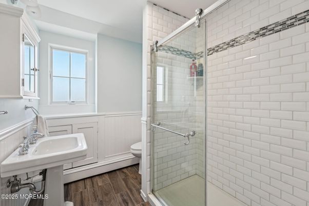 Bathroom, Glass Shower, Interior, Wood Texture Flooring