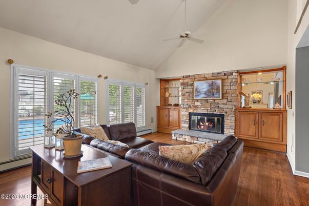 Fireplace, Interior, Living room, Stone Walls, Wood Texture Flooring