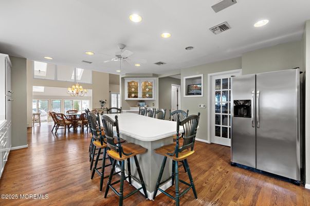 Chandelier, Dining room, Interior, Kitchen, Recessed Lighting, Wood Texture Flooring