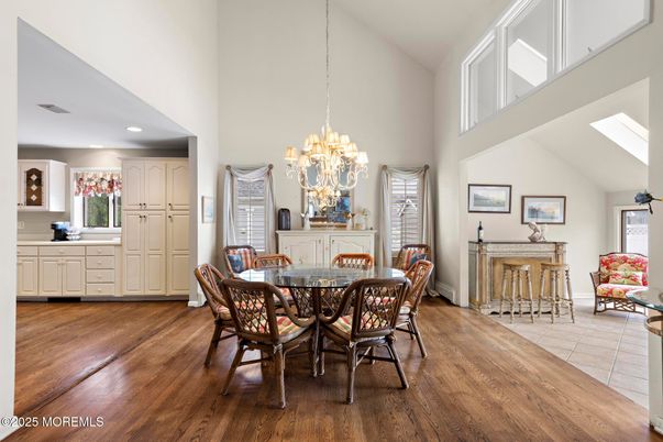 Chandelier, Dining room, Interior, Recessed Lighting, Wood Texture Flooring