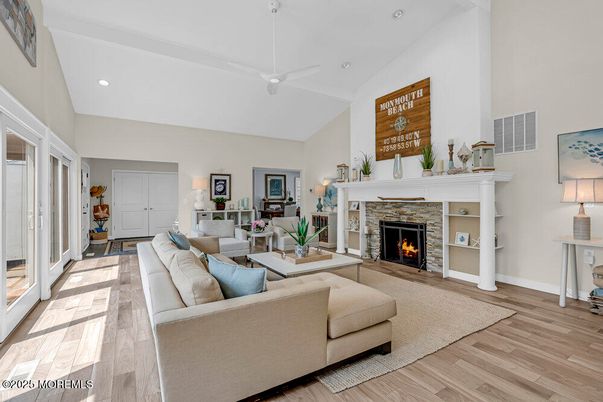 Fireplace, Interior, Living room, Recessed Lighting, Wood Texture Flooring
