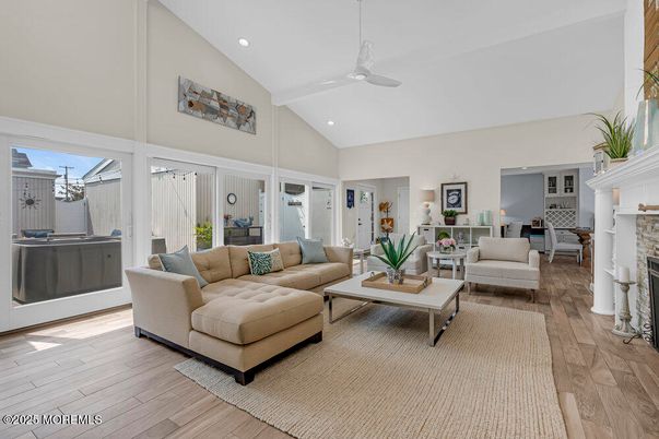 Fireplace, Interior, Living room, Recessed Lighting, Wood Texture Flooring