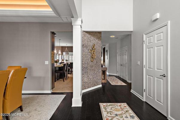 Dining room, Interior, Pendant Lights, Recessed Lighting, Wood Texture Flooring