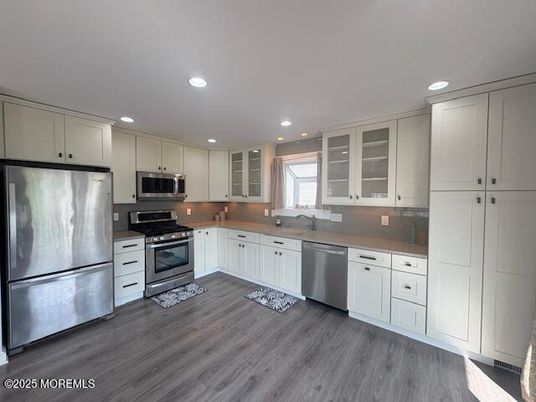 Interior, Kitchen, Recessed Lighting, Stainless Steel Appliances, Wood Texture Flooring