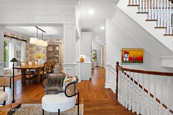 Dining room, Interior, Pendant Lights, Recessed Lighting, Wood Texture Flooring
