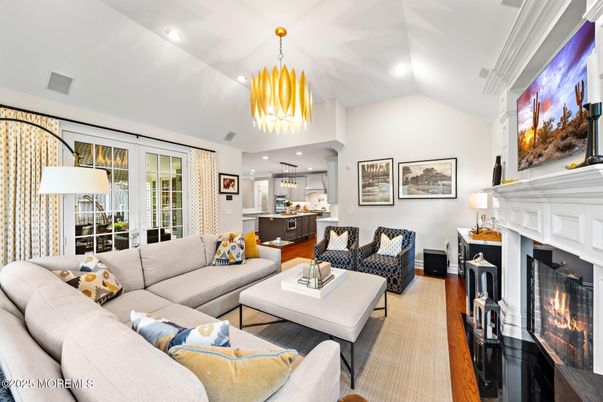 Fireplace, Interior, Kitchen, Living room, Pendant Lights, Recessed Lighting, Wood Texture Flooring