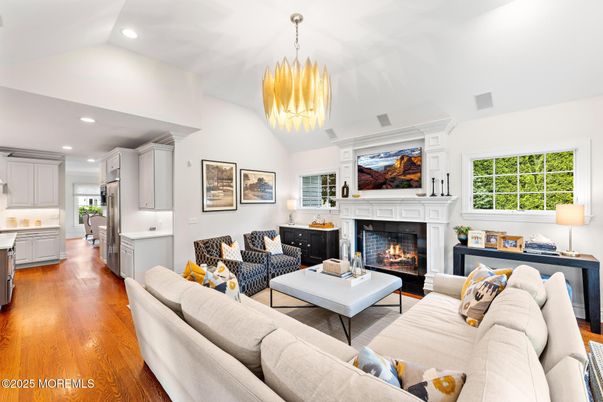 Fireplace, Interior, Kitchen, Living room, Pendant Lights, Recessed Lighting, Wood Texture Flooring