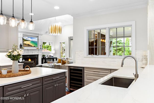 Fireplace, Interior, Kitchen, Living room, Pendant Lights, Recessed Lighting