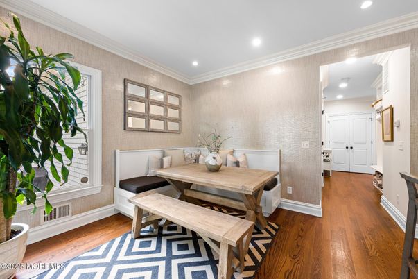 Dining room, Interior, Recessed Lighting, Wood Texture Flooring