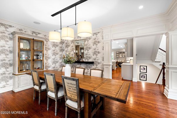 Dining room, Interior, Pendant Lights, Recessed Lighting, Wood Texture Flooring