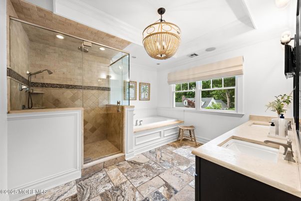 Bathroom, Chandelier, Glass Shower, Interior, Recessed Lighting