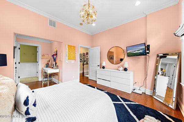 Bedroom, Chandelier, Interior, Pendant Lights, Recessed Lighting, Wood Texture Flooring