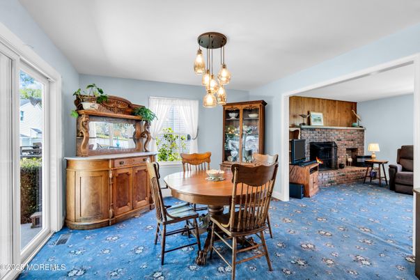 Dining room, Fireplace, Interior, Pendant Lights, Wooden Walls