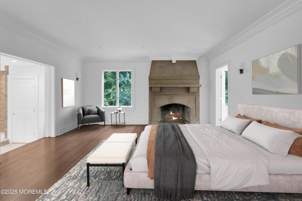 Bedroom, Fireplace, Interior, Recessed Lighting, Wood Texture Flooring