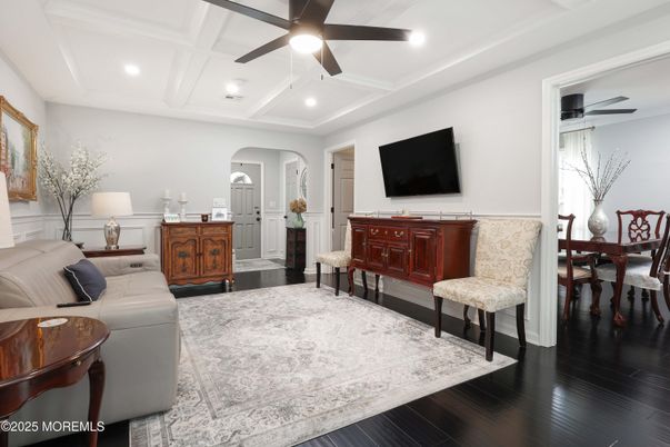Dining room, Interior, Living room, Recessed Lighting, Wood Texture Flooring